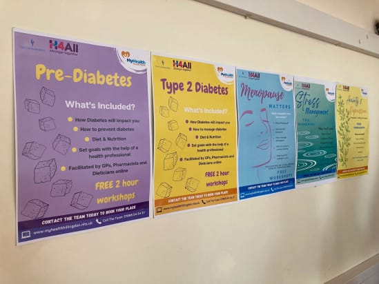Posters displaying some of the free wellbeing workshops offered by H4All to their local community
